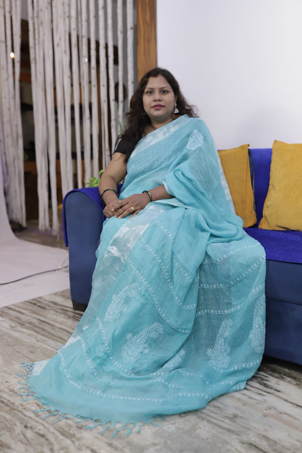 Turquoise Blue Pure Handwoven Linen Saree with Silver/Copper Borders