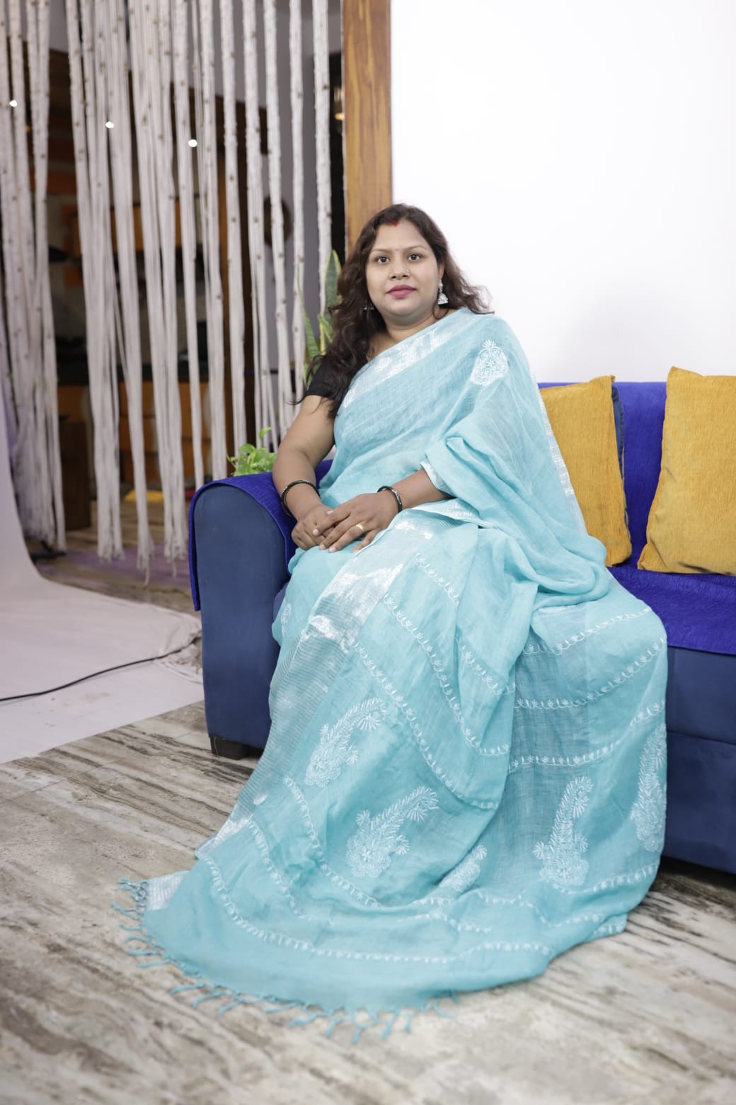 Turquoise Blue Pure Handwoven Linen Saree with Silver/Copper Borders