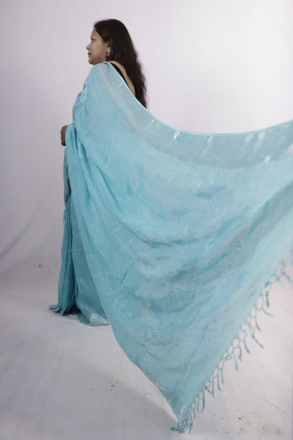 Turquoise Blue Pure Handwoven Linen Saree with Silver/Copper Borders