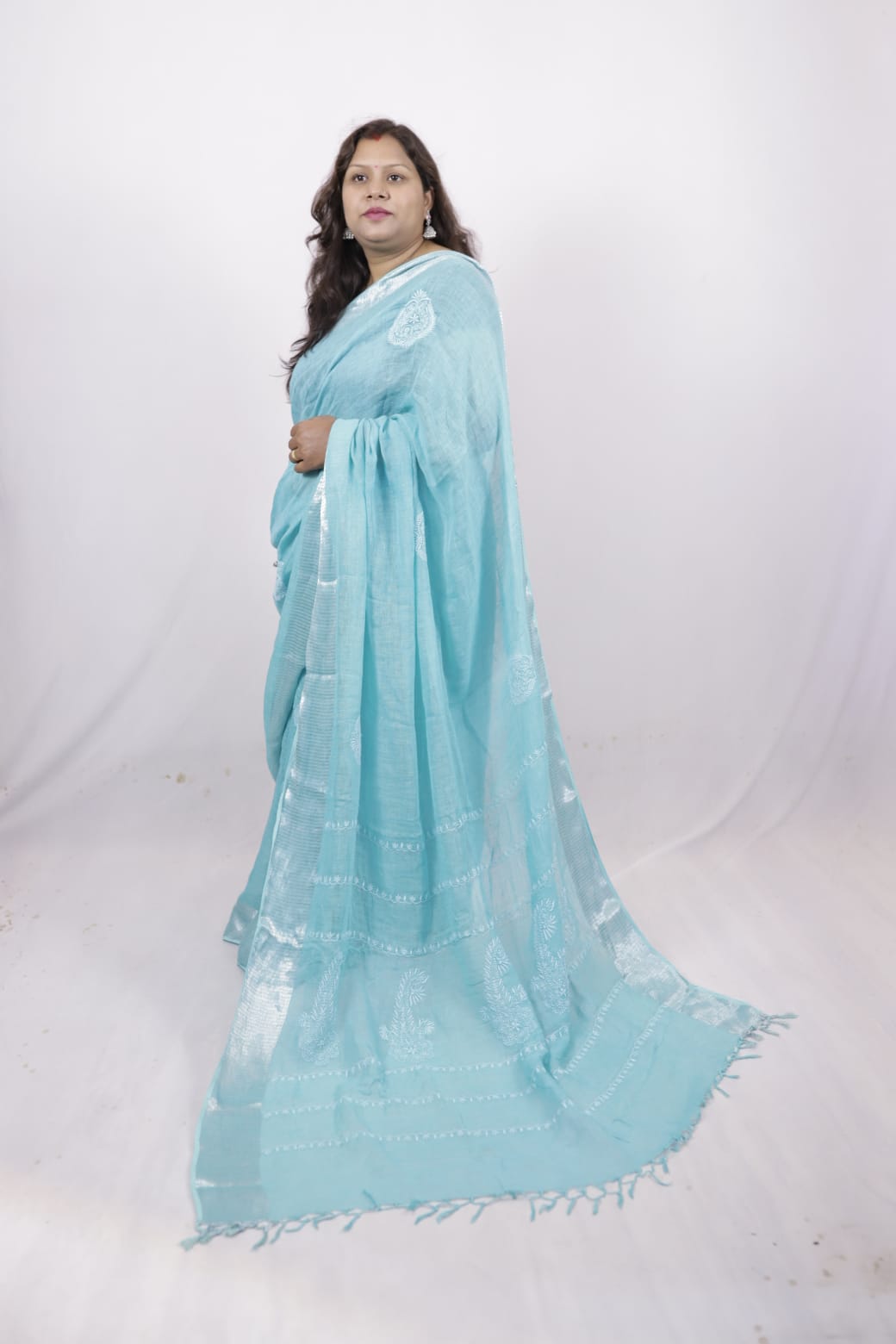 Turquoise Blue Pure Handwoven Linen Saree with Silver/Copper Borders